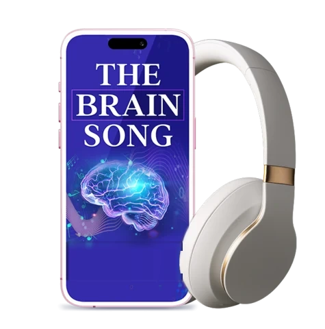 The Brain Song digital audio on a phone screen beside white headphones, as the seller shows it