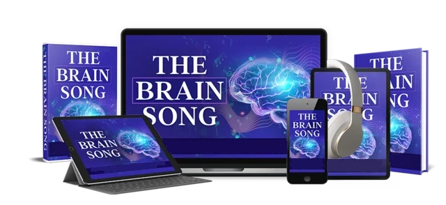 The Brain Song digital audio as a laptop, tablet, phone and book mockup with headphones
